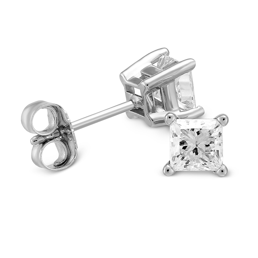 Princess Diamond Stud Earrings in White Gold, 0.75 cttw